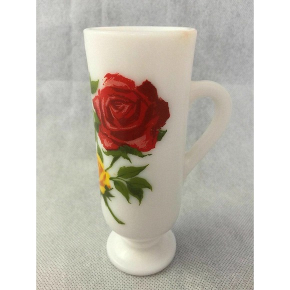 Avon Red Yellow Roses Flowers White Milk Glass Mug Handled Pedestal Bud Vase - Picture 10 of 13